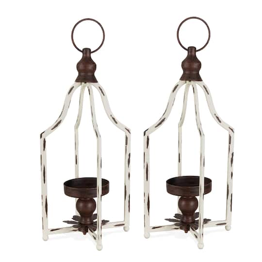 Glitzhome® 16.5" Modern Farmhouse White & Brown Metal Candle Lanterns,2ct.